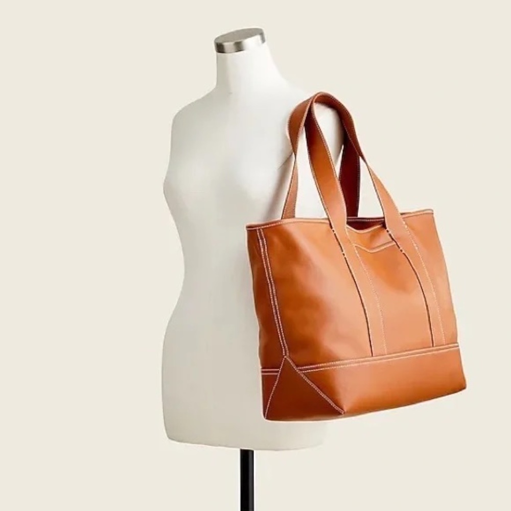 J.Crew Medium Montauk tote in leather in chestnut brown new with tags and duster